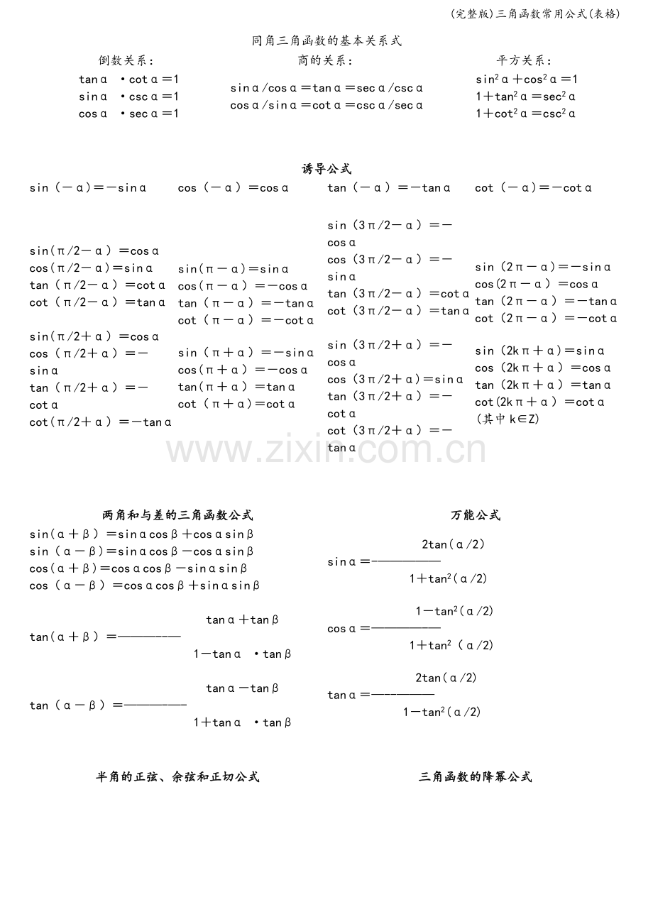 三角函数常用公式(表格).doc_第1页