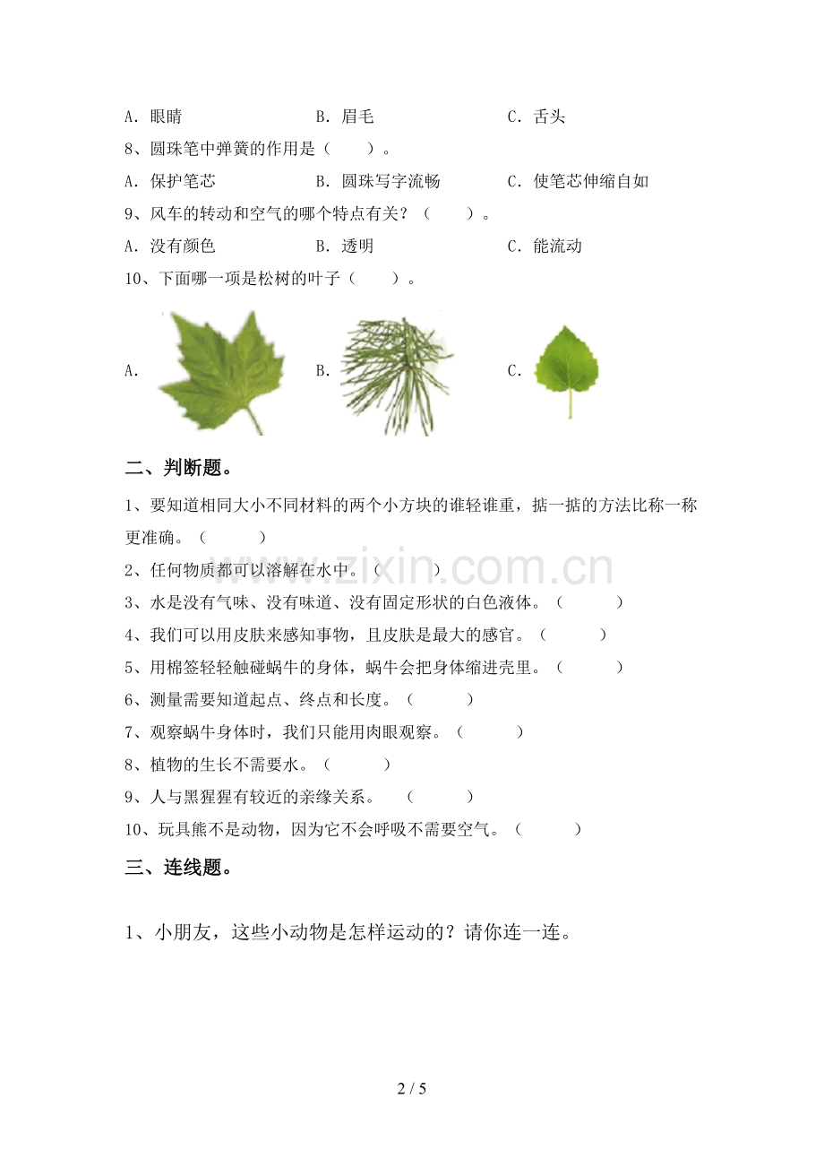 新人教版一年级科学下册期中测试卷及答案.doc_第2页