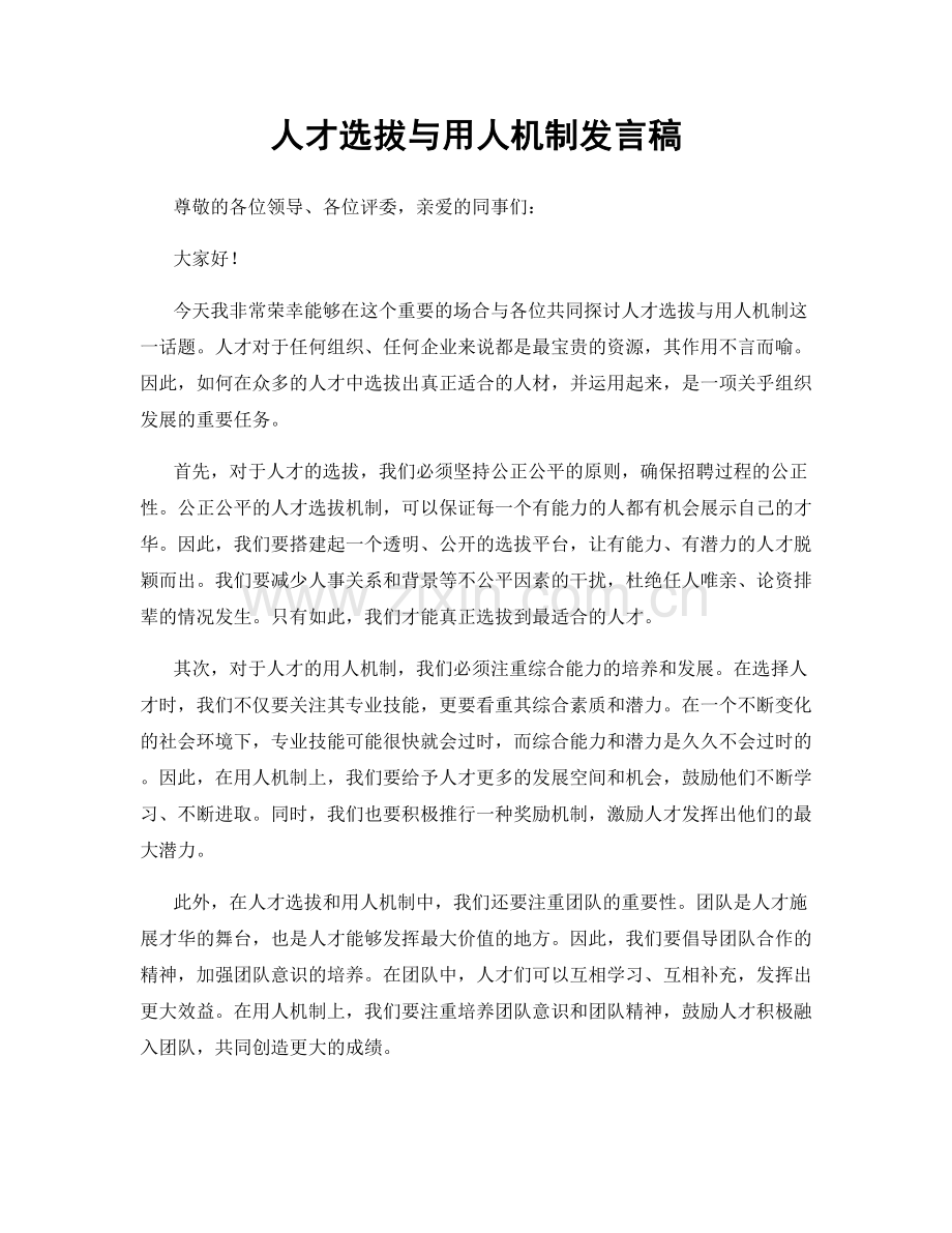 人才选拔与用人机制发言稿.docx_第1页