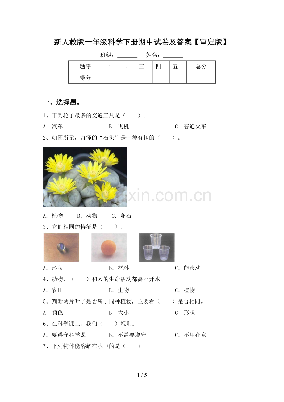 新人教版一年级科学下册期中试卷及答案【审定版】.doc_第1页