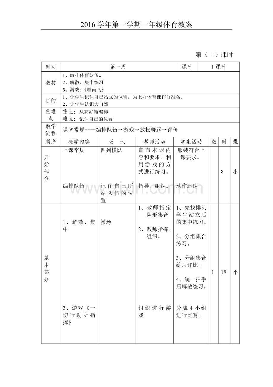 2017学年秋季学期小学一年级体育教案.doc_第1页