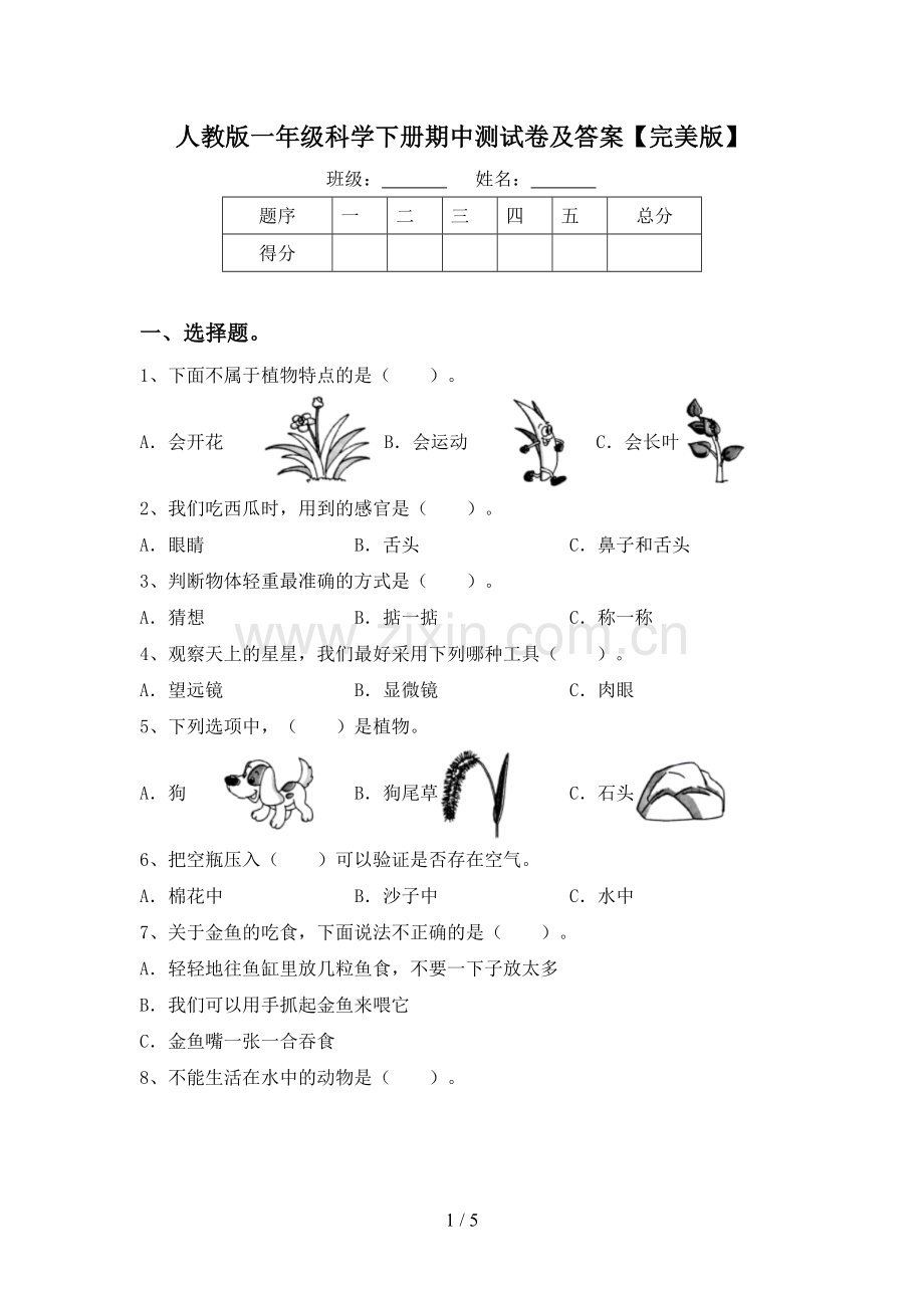 人教版一年级科学下册期中测试卷及答案.doc_第1页