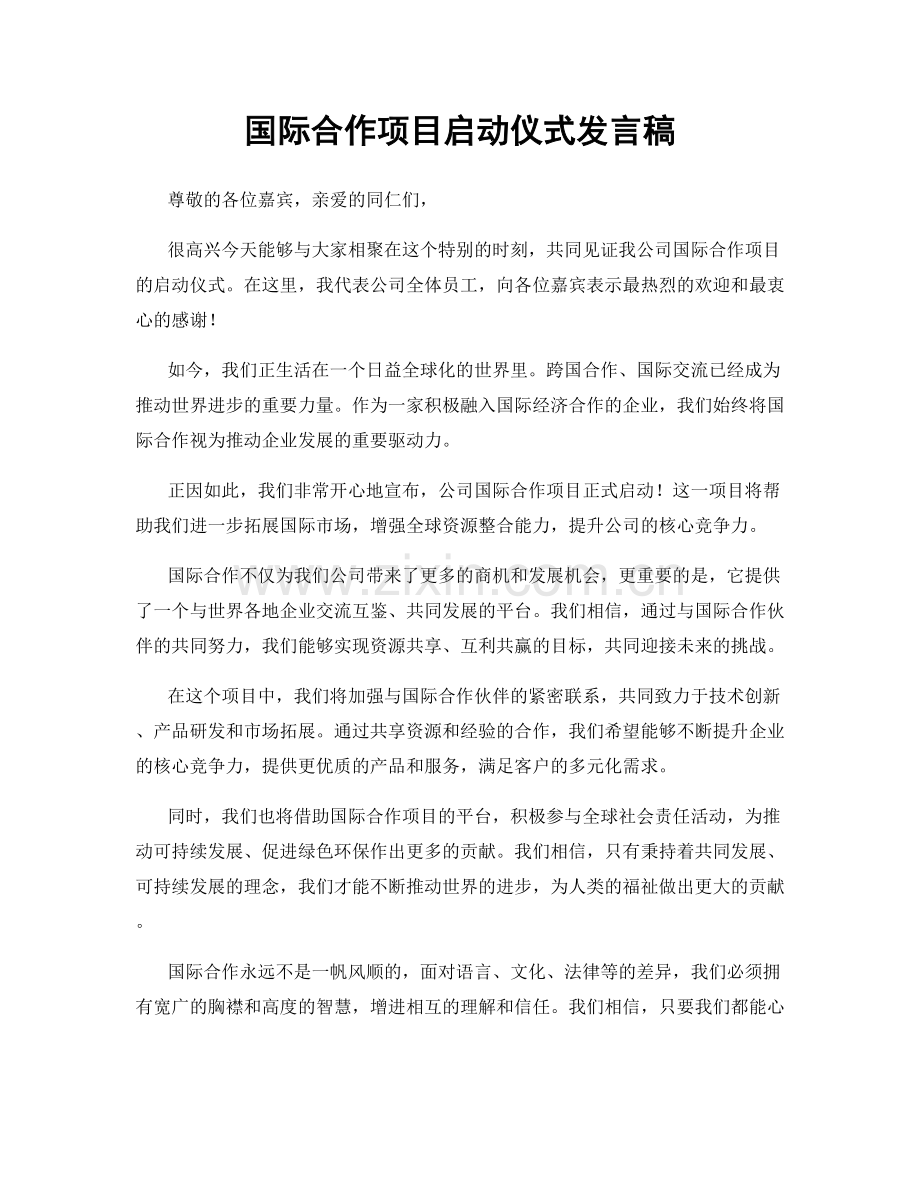 国际合作项目启动仪式发言稿.docx_第1页