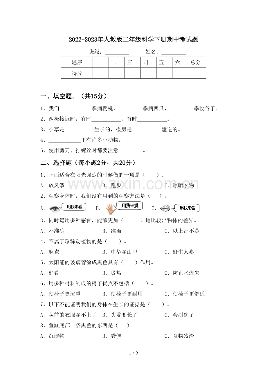 2022-2023年人教版二年级科学下册期中考试题.doc_第1页