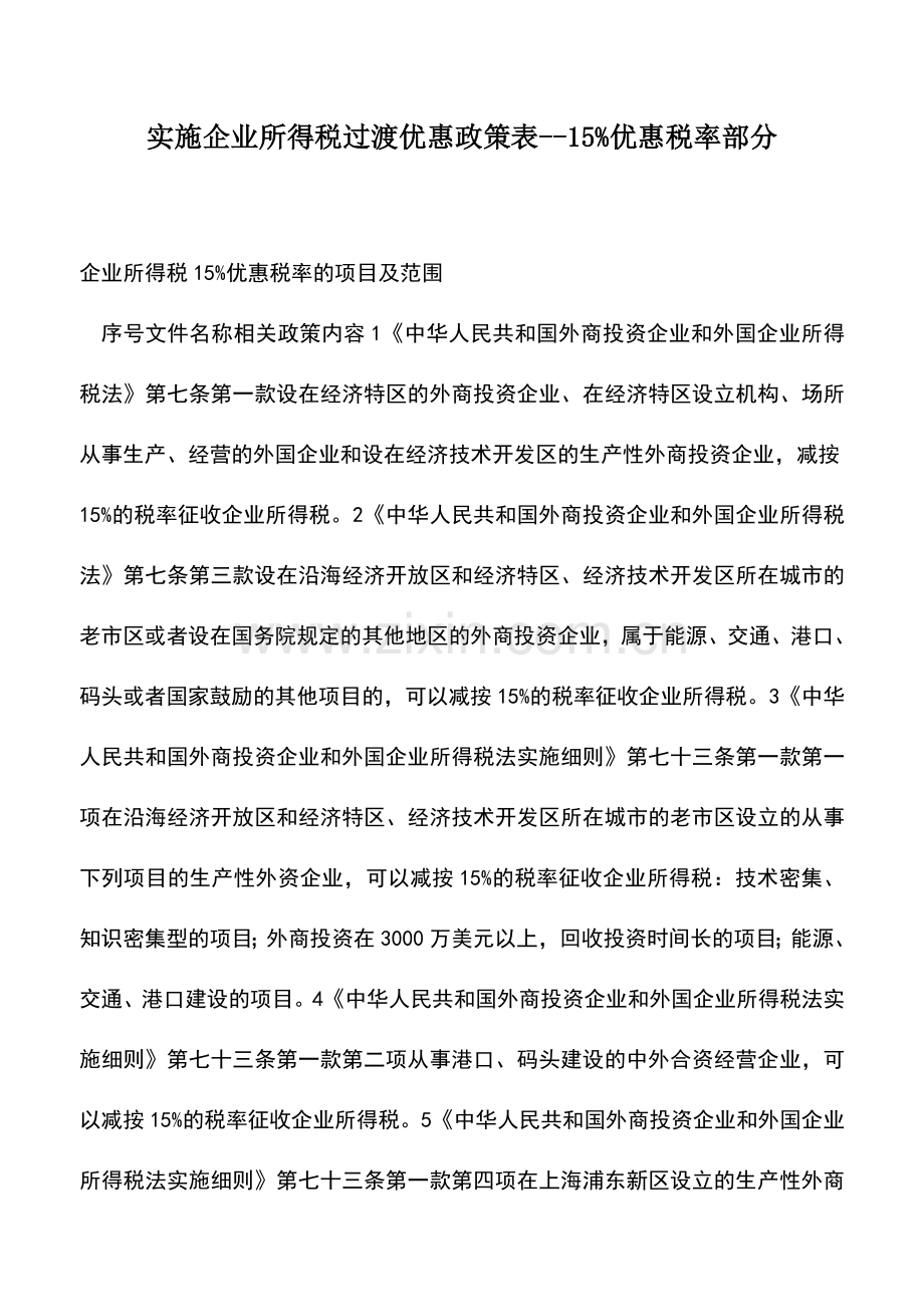 会计实务：实施企业所得税过渡优惠政策表--15%优惠税率部分.doc_第1页