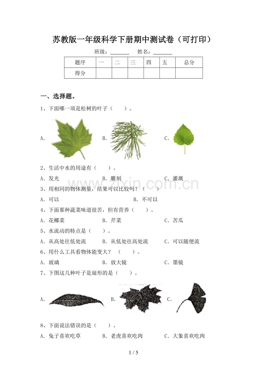 苏教版一年级科学下册期中测试卷(可打印).doc_第1页