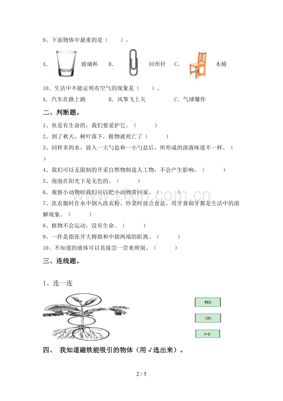 苏教版一年级科学下册期中测试卷(可打印).doc_第2页