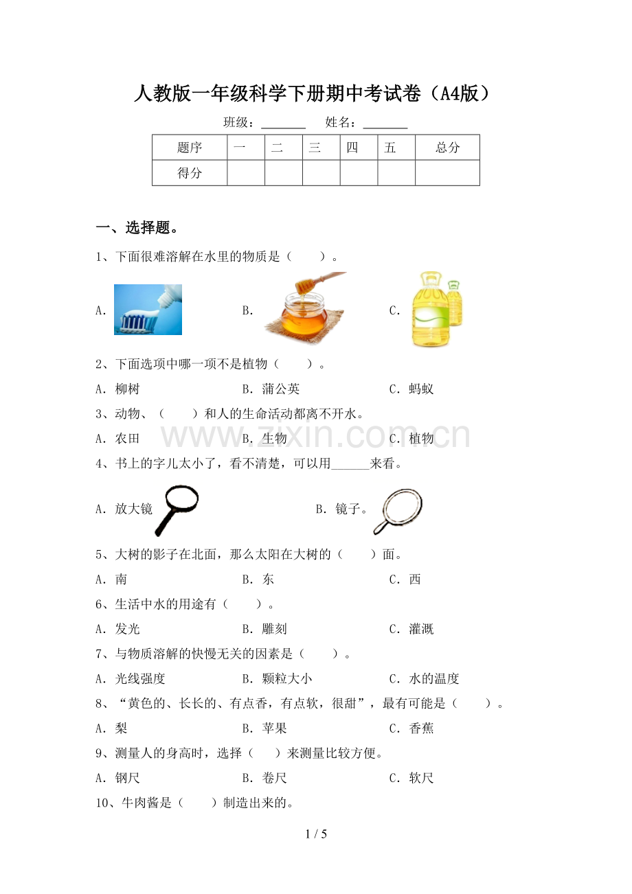 人教版一年级科学下册期中考试卷(A4版).doc_第1页