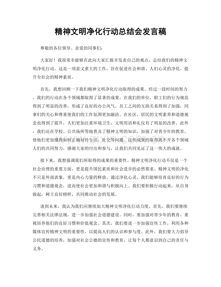 精神文明净化行动总结会发言稿.docx_第1页