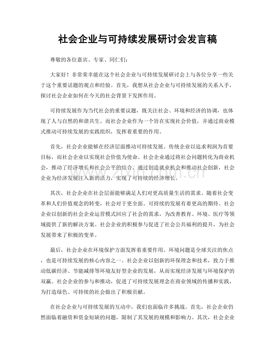 社会企业与可持续发展研讨会发言稿.docx_第1页