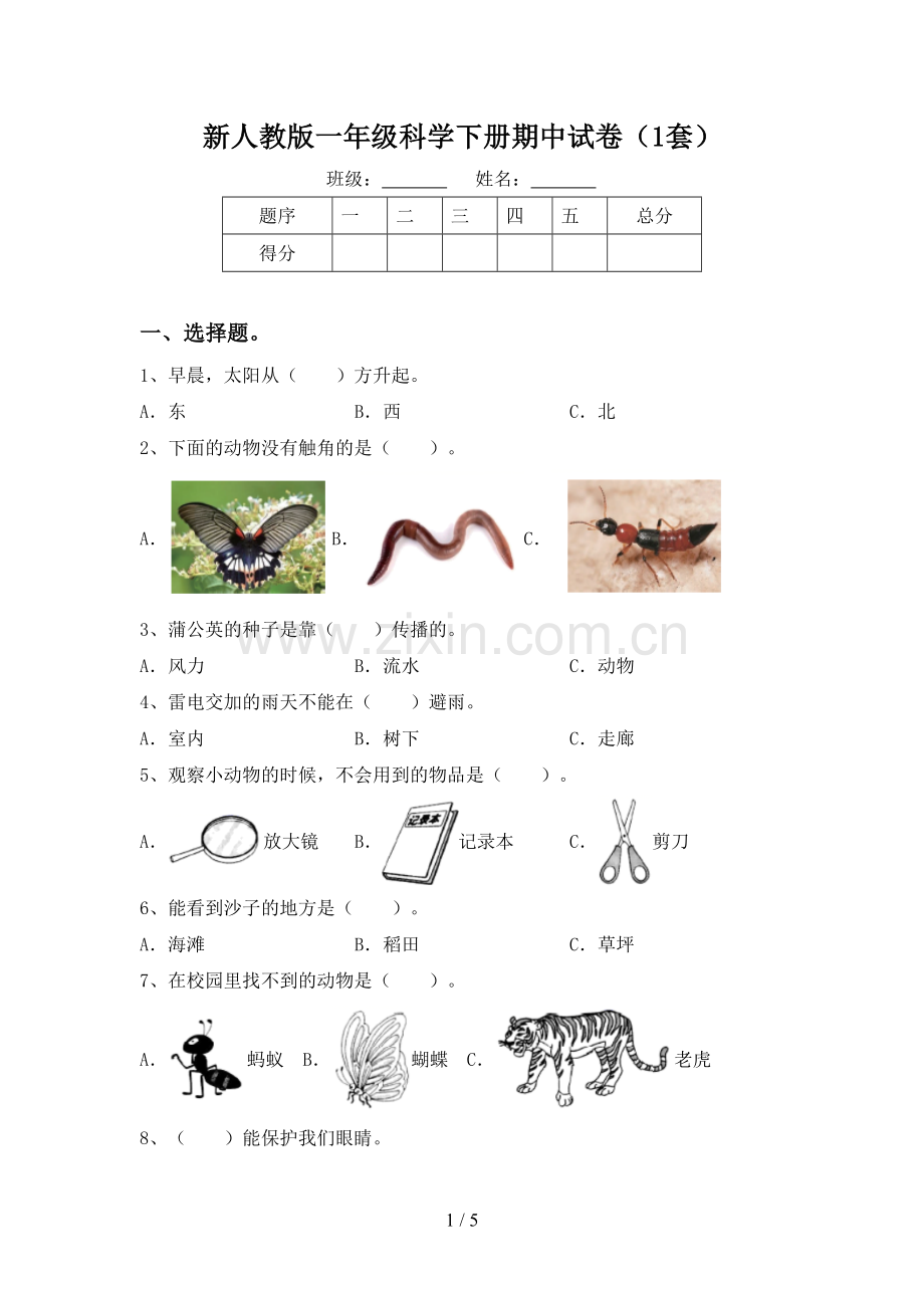 新人教版一年级科学下册期中试卷(1套).doc_第1页