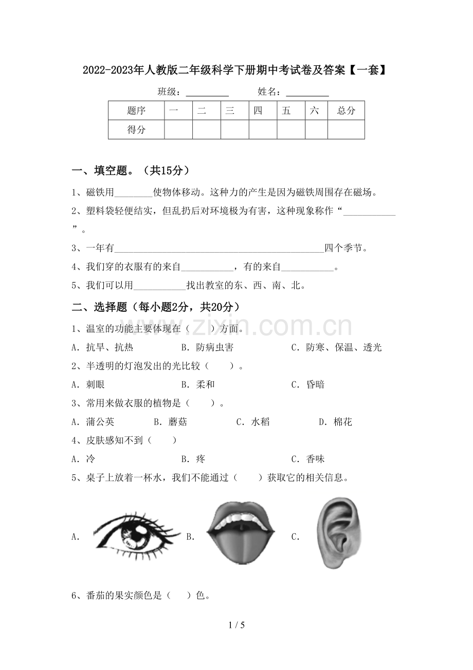 2022-2023年人教版二年级科学下册期中考试卷及答案【一套】.doc_第1页