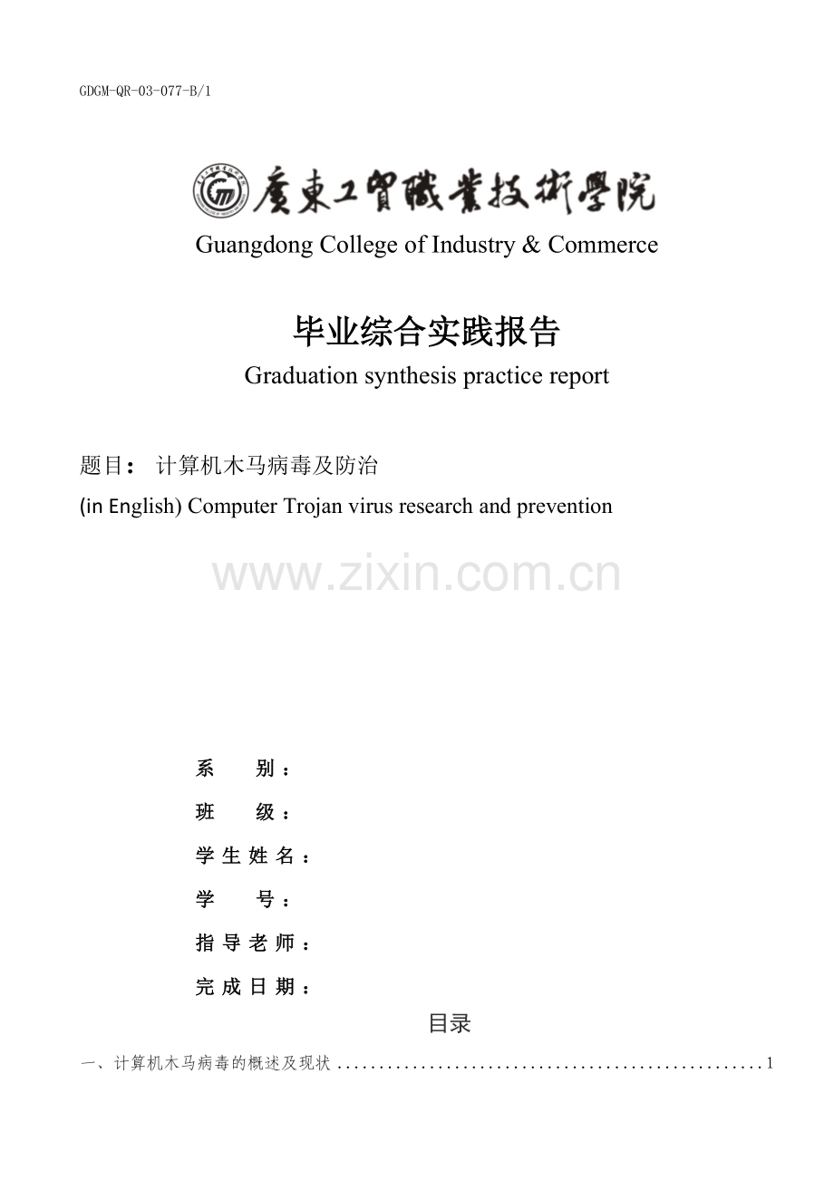 大学综合实践报告计算机木马病毒及防治(防治版).doc_第1页