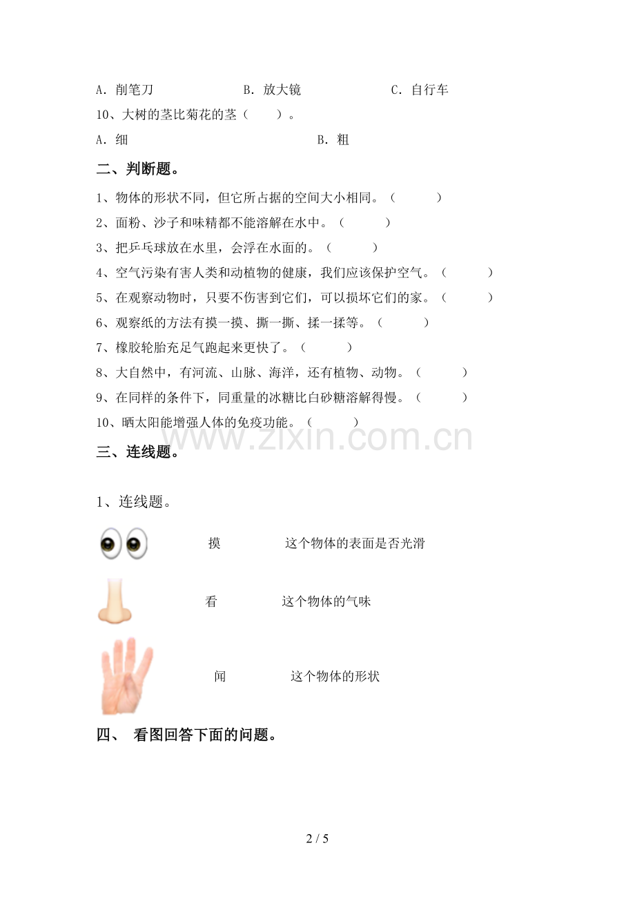 新人教版一年级科学下册期中考试卷及答案【A4打印版】.doc_第2页