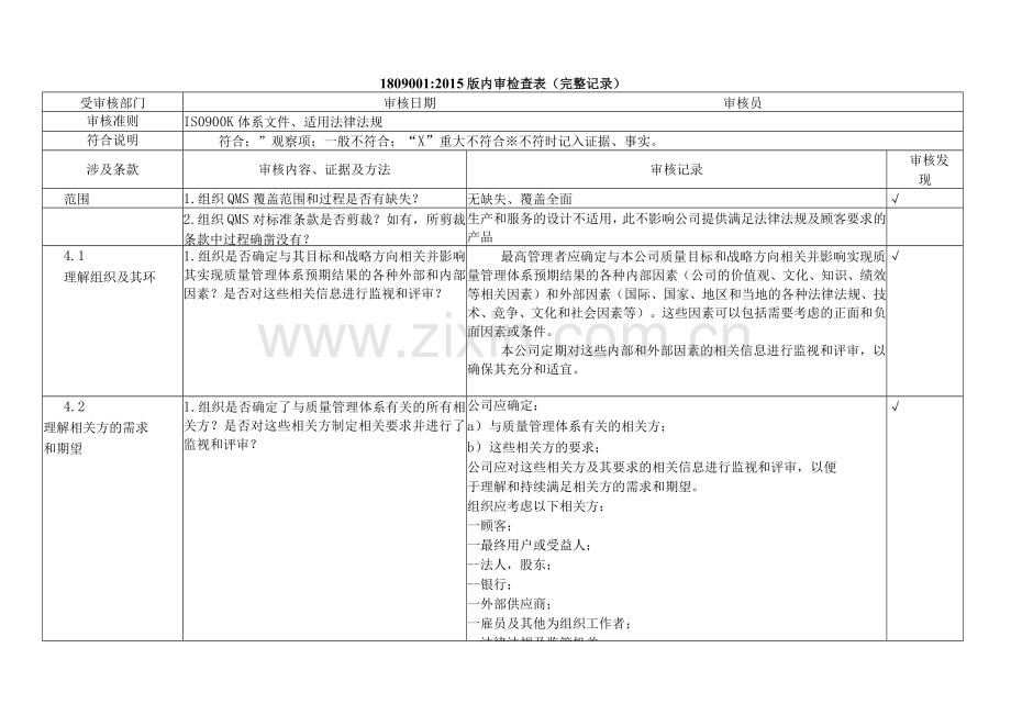 ISO90012015版内审检查表(完整记录).docx_第1页