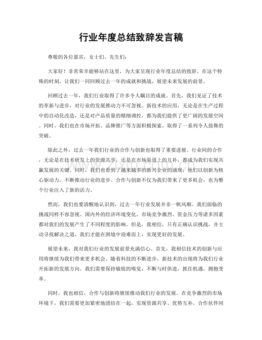 行业年度总结致辞发言稿.docx_第1页