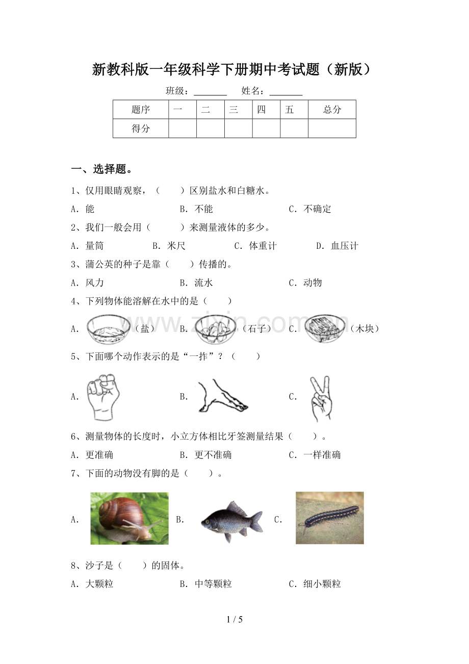 新教科版一年级科学下册期中考试题(新版).doc_第1页