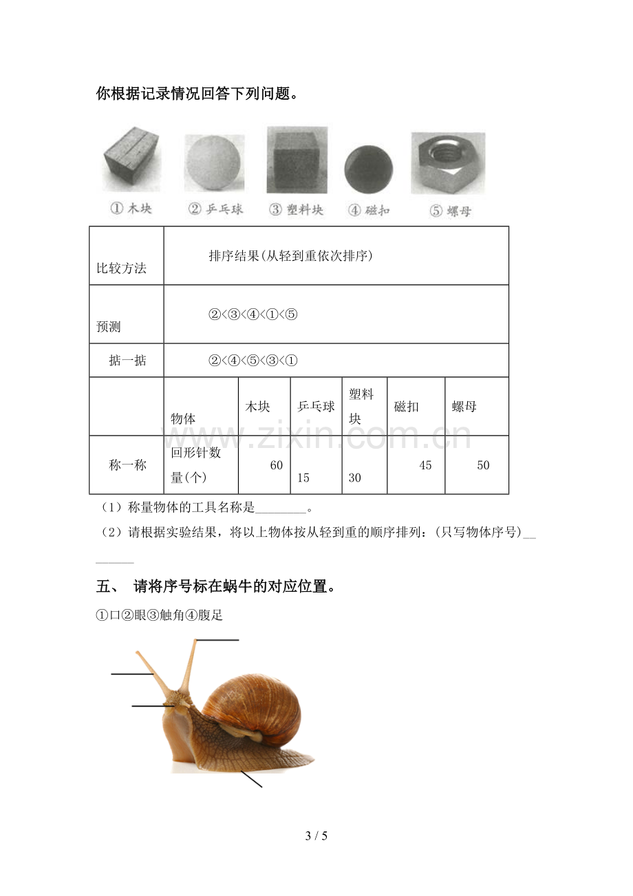 人教版一年级科学下册期中考试题及答案.doc_第3页