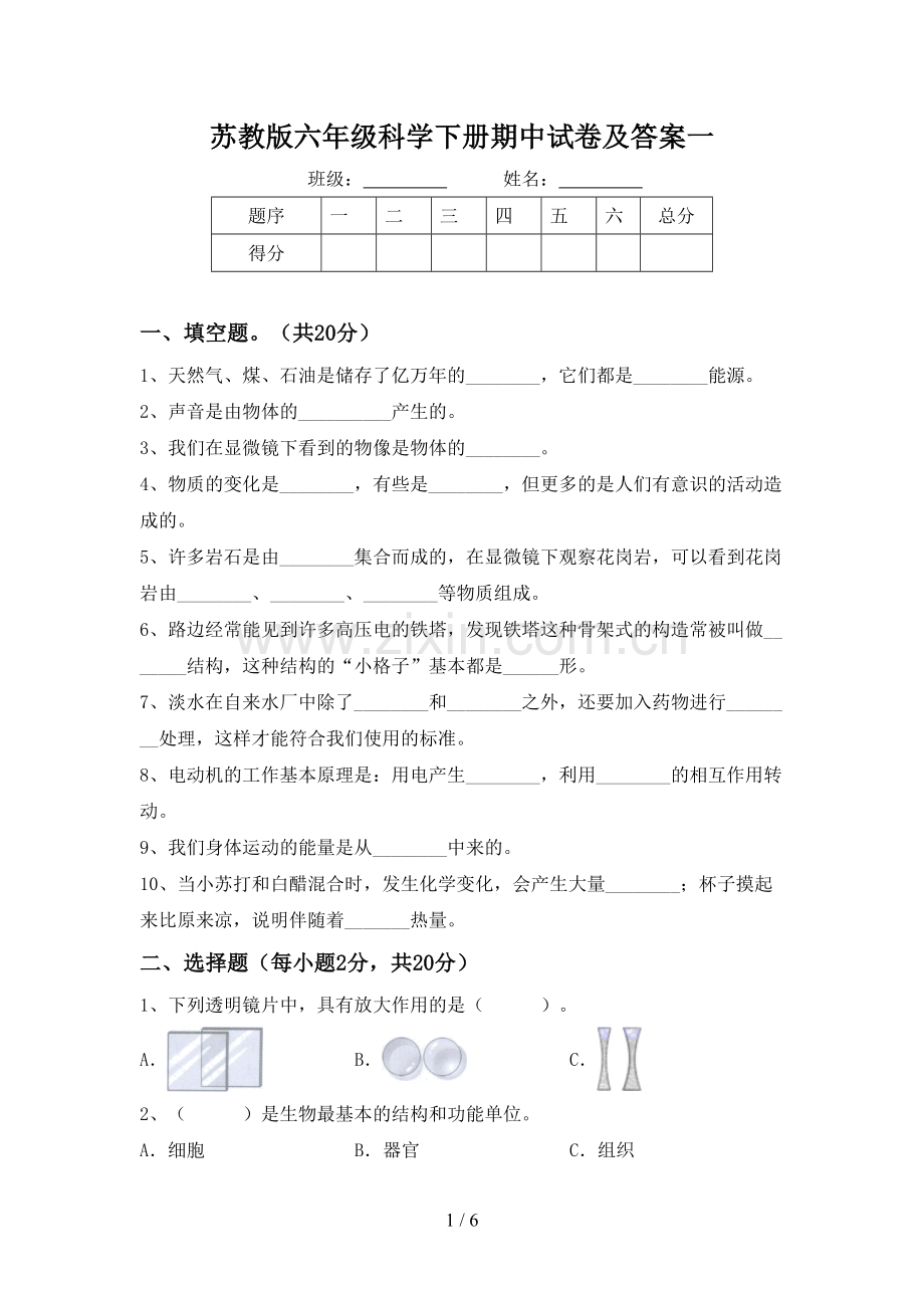 苏教版六年级科学下册期中试卷及答案一.doc_第1页