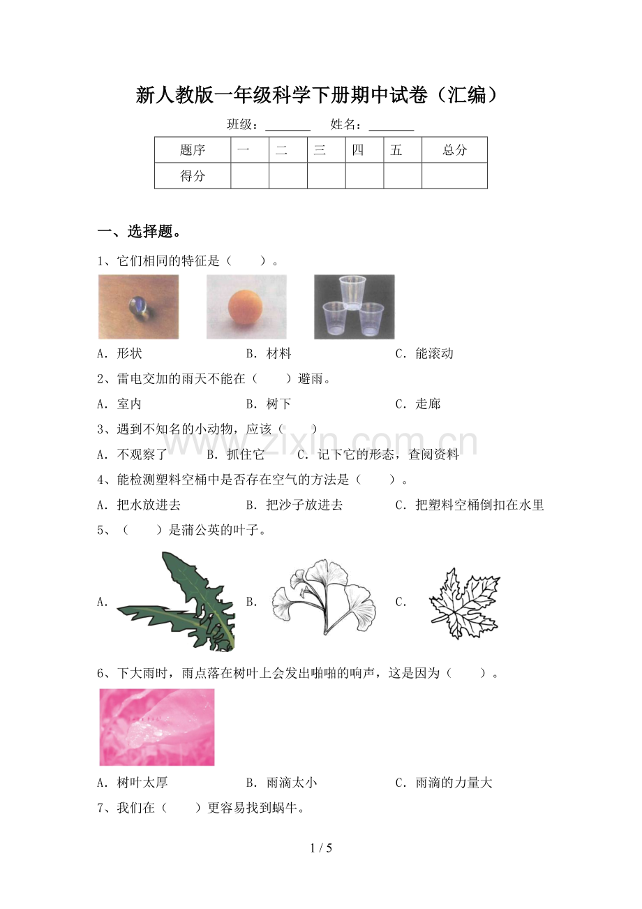 新人教版一年级科学下册期中试卷(汇编).doc_第1页