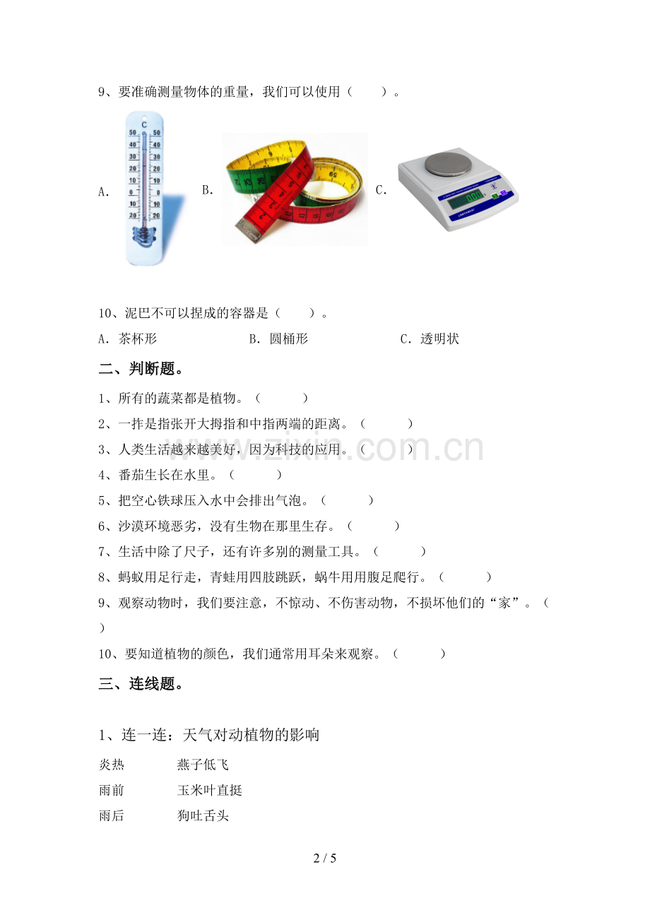 2023年教科版一年级科学下册期中考试题【及答案】.doc_第2页