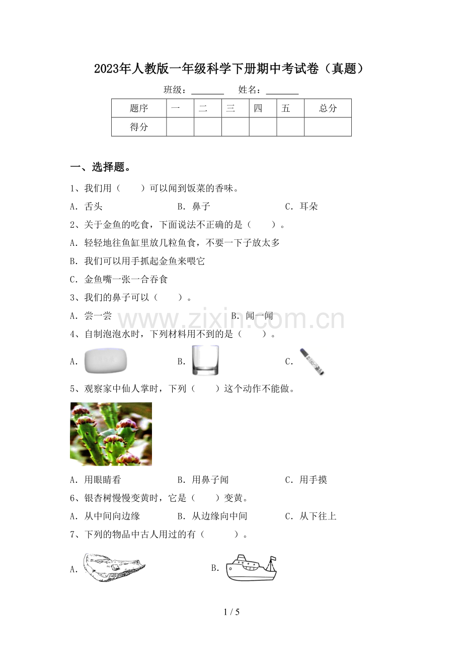 2023年人教版一年级科学下册期中考试卷(真题).doc_第1页