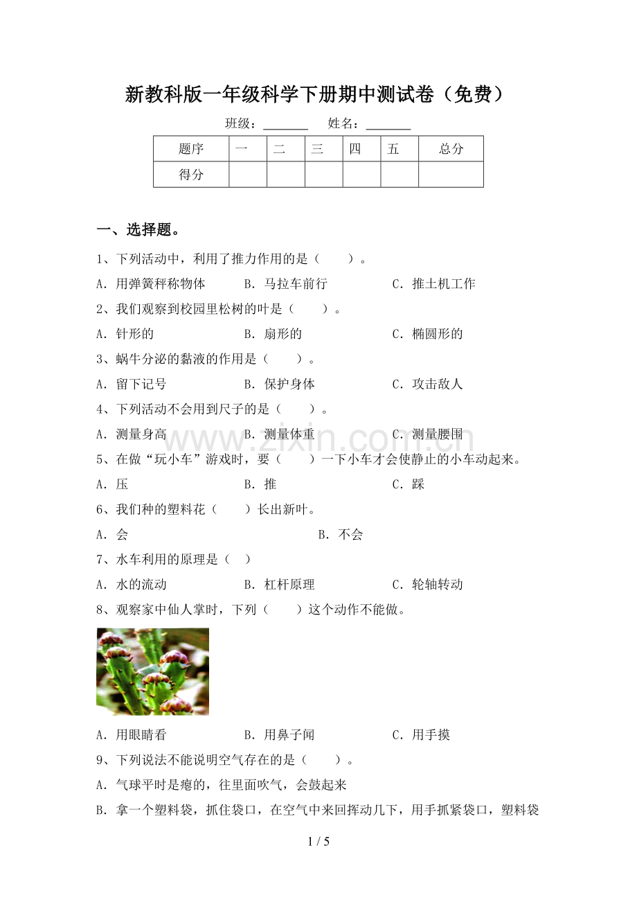 新教科版一年级科学下册期中测试卷.doc_第1页