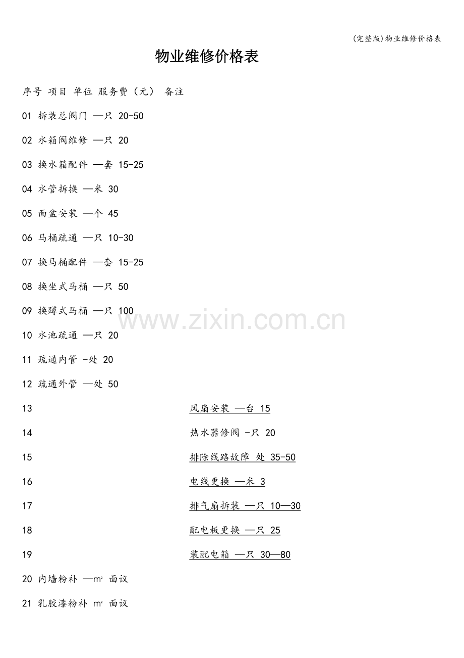 物业维修价格表.doc_第1页