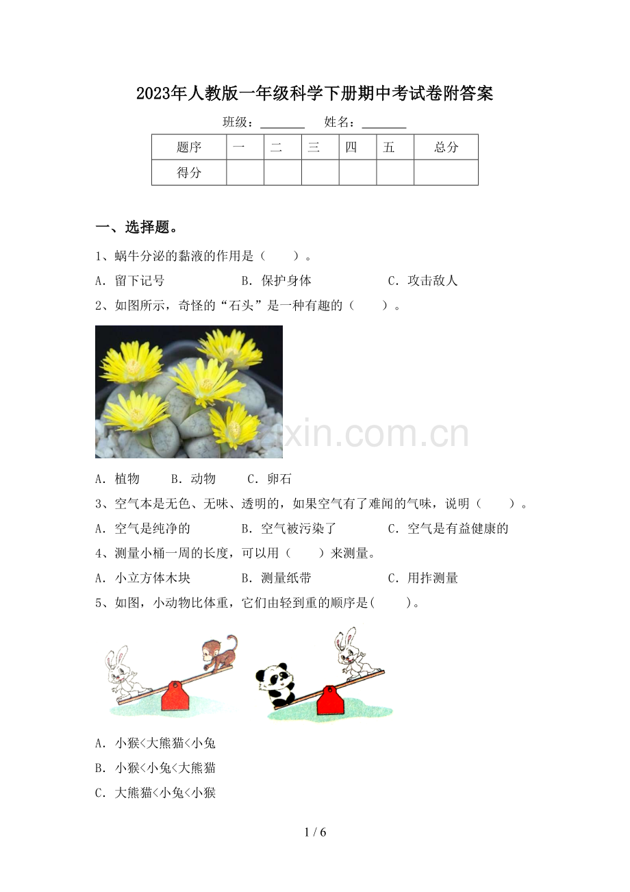 2023年人教版一年级科学下册期中考试卷附答案.doc_第1页