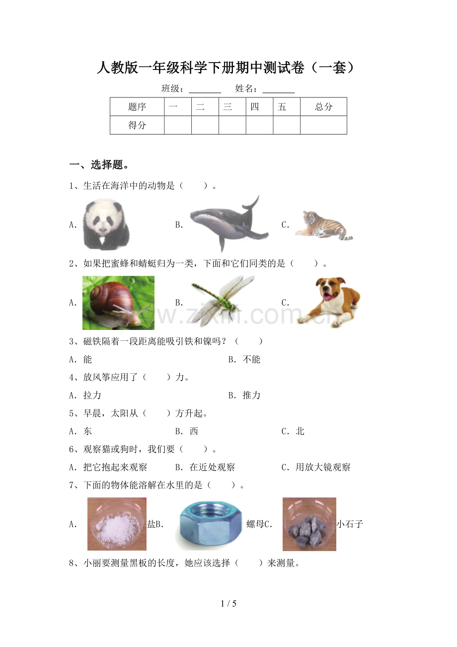 人教版一年级科学下册期中测试卷(一套).doc_第1页