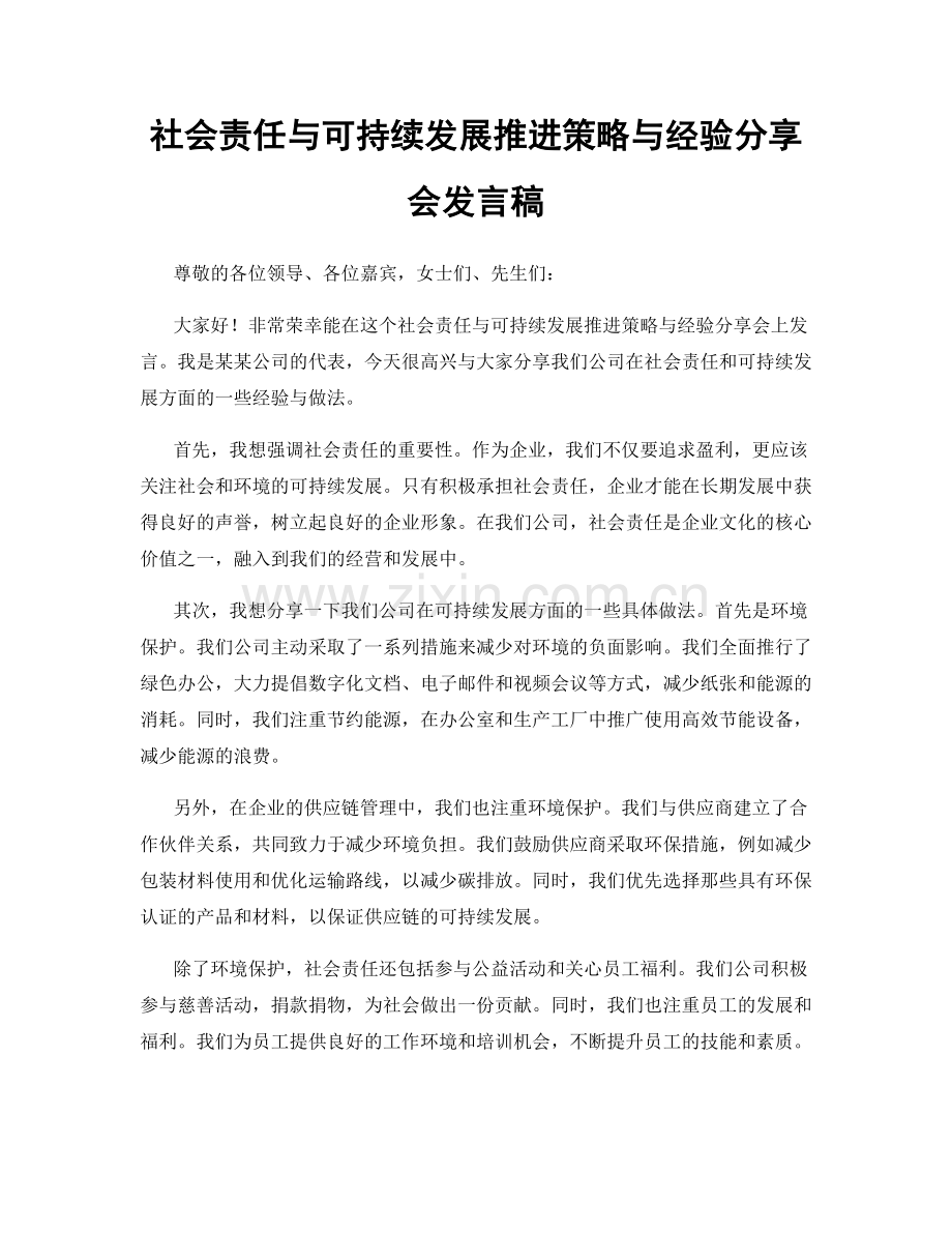 社会责任与可持续发展推进策略与经验分享会发言稿.docx_第1页