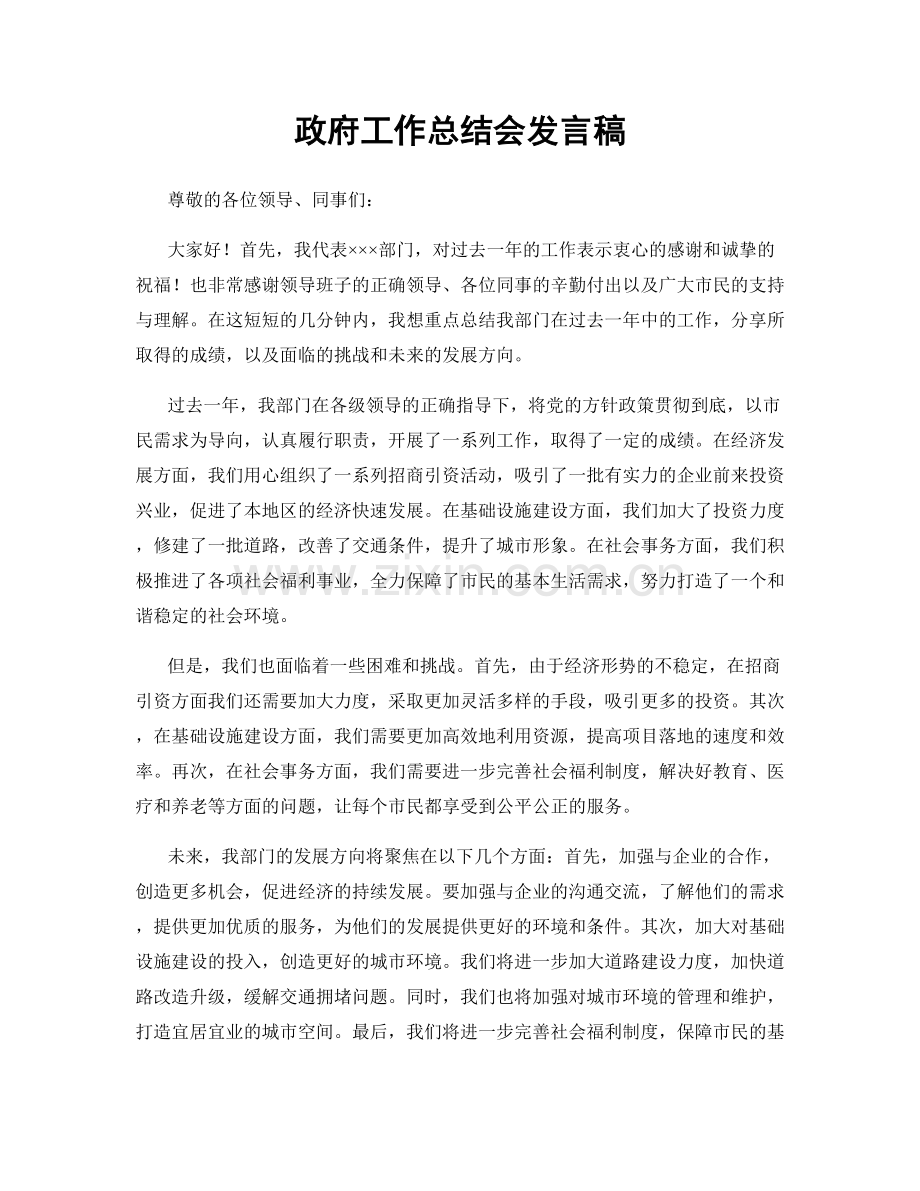 政府工作总结会发言稿.docx_第1页