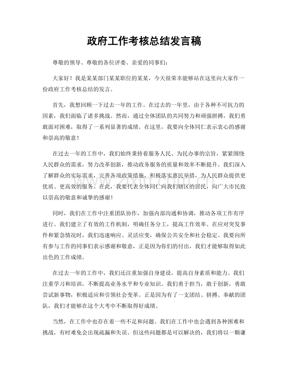 政府工作考核总结发言稿.docx_第1页