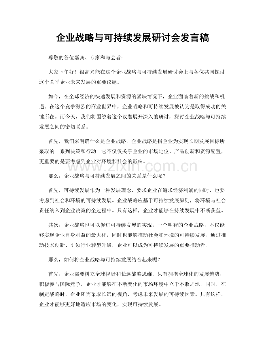 企业战略与可持续发展研讨会发言稿.docx_第1页