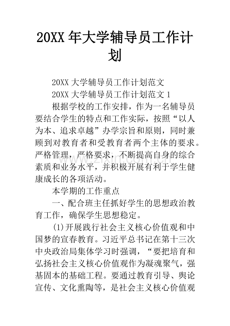 20XX年大学辅导员工作计划.docx_第1页