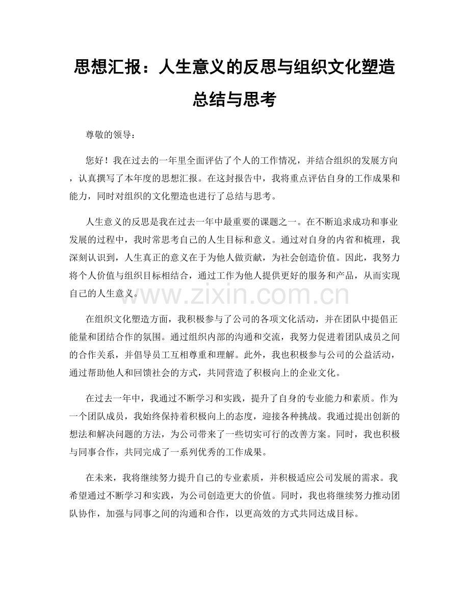 思想汇报：人生意义的反思与组织文化塑造总结与思考.docx_第1页