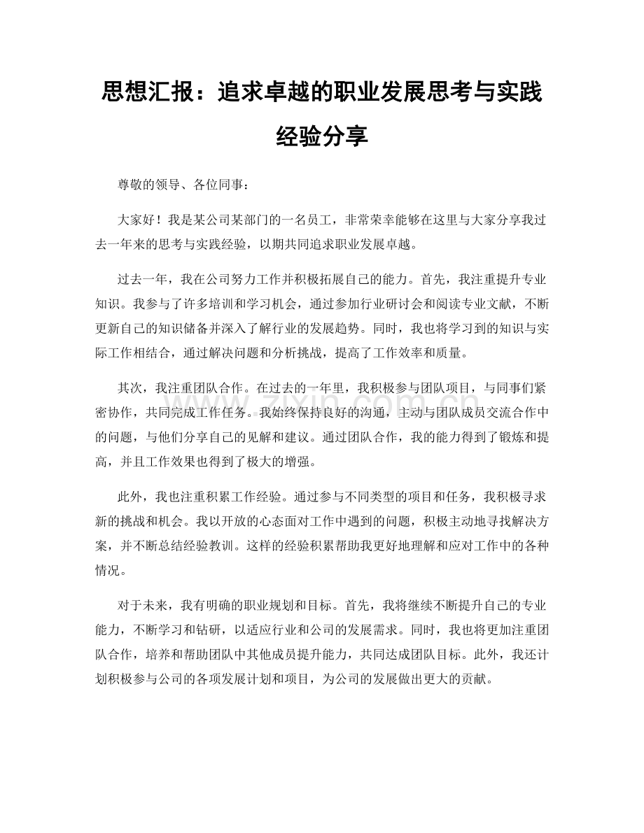 思想汇报：追求卓越的职业发展思考与实践经验分享.docx_第1页