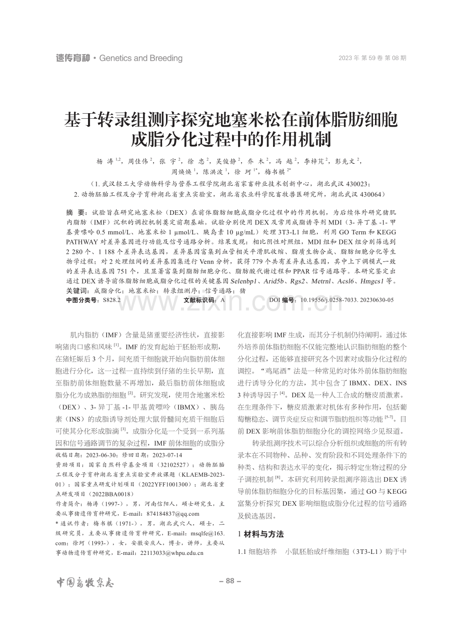 基于转录组测序探究地塞米松在前体脂肪细胞成脂分化过程中的作用机制.pdf_第1页