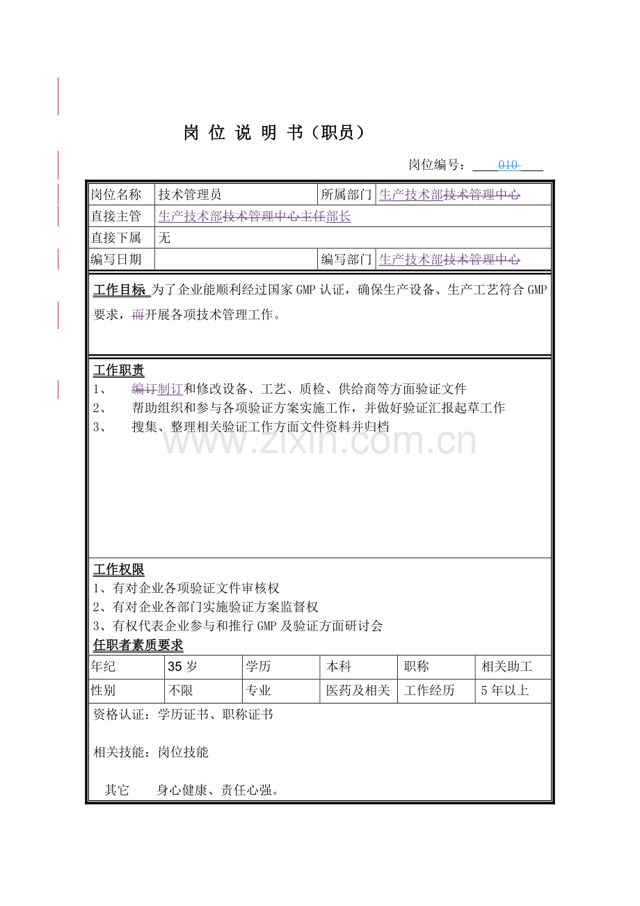 生产技术部技术管理员岗位职责样本.doc_第1页