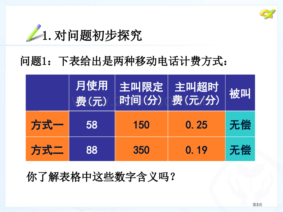 实际问题与一元一次方程4探究3电话计费问题市公开课一等奖百校联赛特等奖课件.pptx_第3页