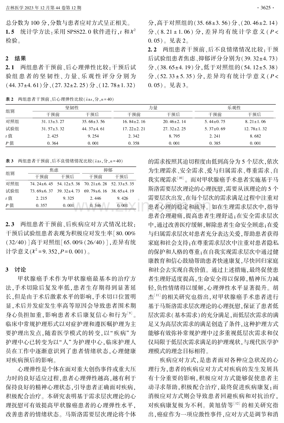 基于需求层次理论心理抚慰对甲状腺癌患者术后心理弹性、情绪及应对方式的影响.pdf_第3页