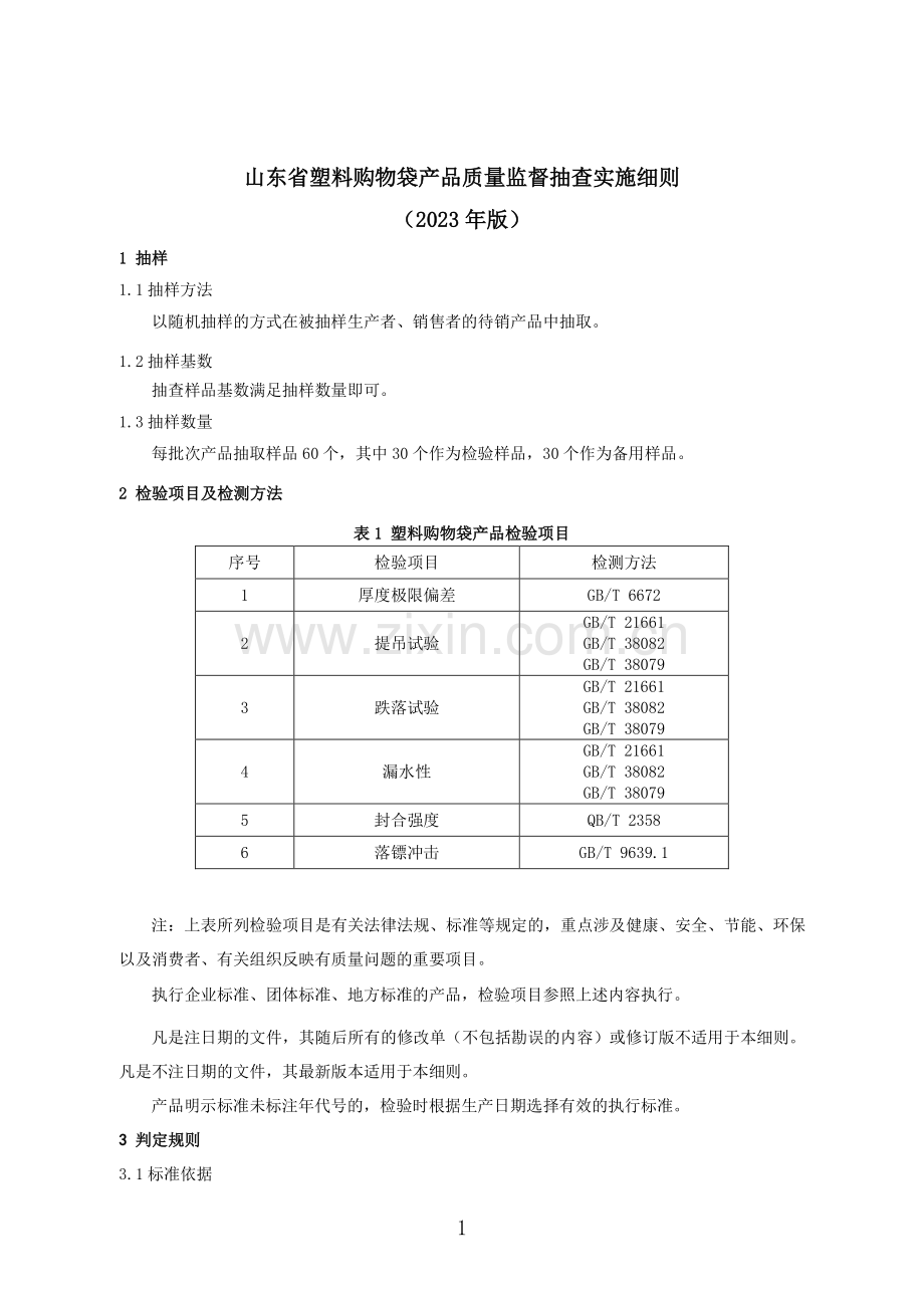 山东省塑料购物袋产品质量监督抽查实施细则（2023年版）.pdf_第1页