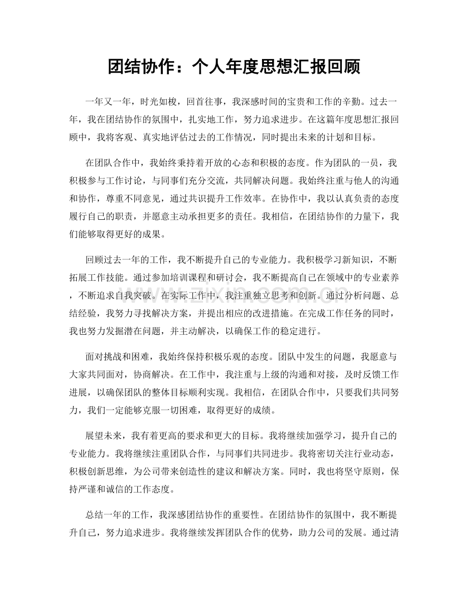 团结协作：个人年度思想汇报回顾.docx_第1页