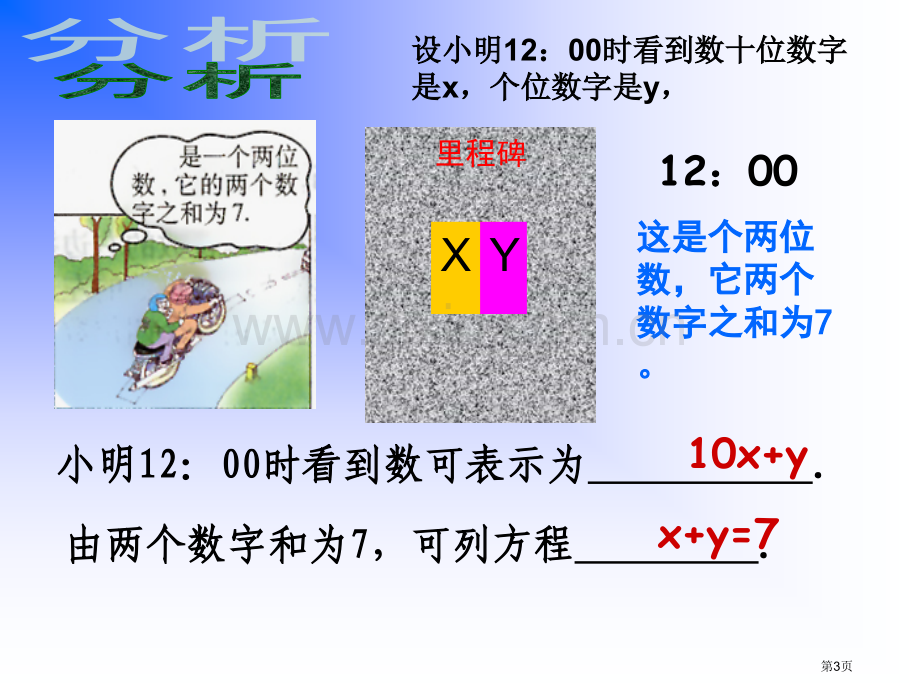 应用二元一次方程组—里程碑上的数二元一次方程组省公开课一等奖新名师优质课比赛一等奖课件.pptx_第3页