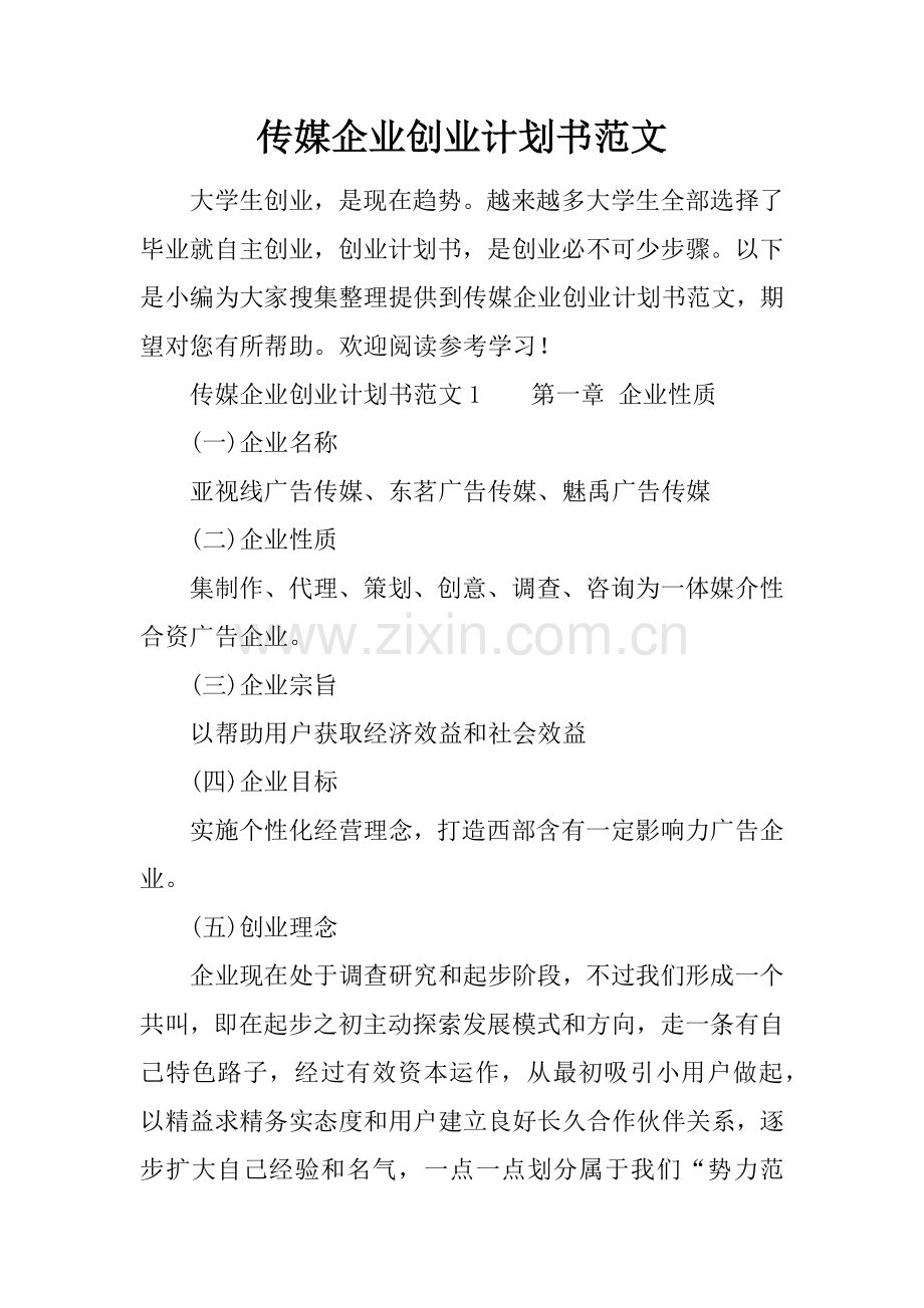 传媒公司创业专项计划书范文.docx_第1页