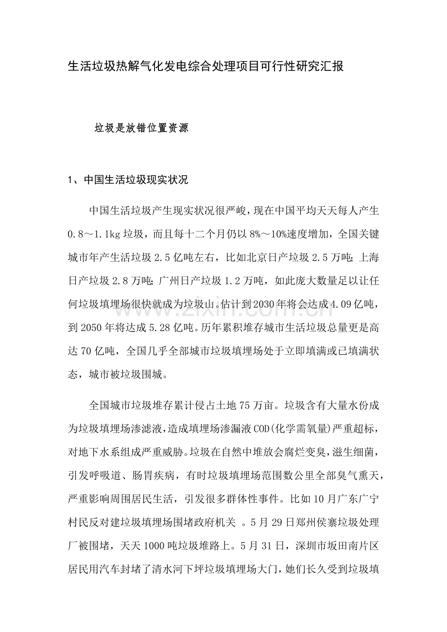 生活垃圾热解气化发电综合处置综合项目可行性研究应用报告.docx_第1页