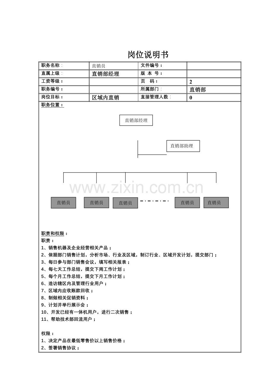 直销员岗位职责说明书样本.doc_第1页