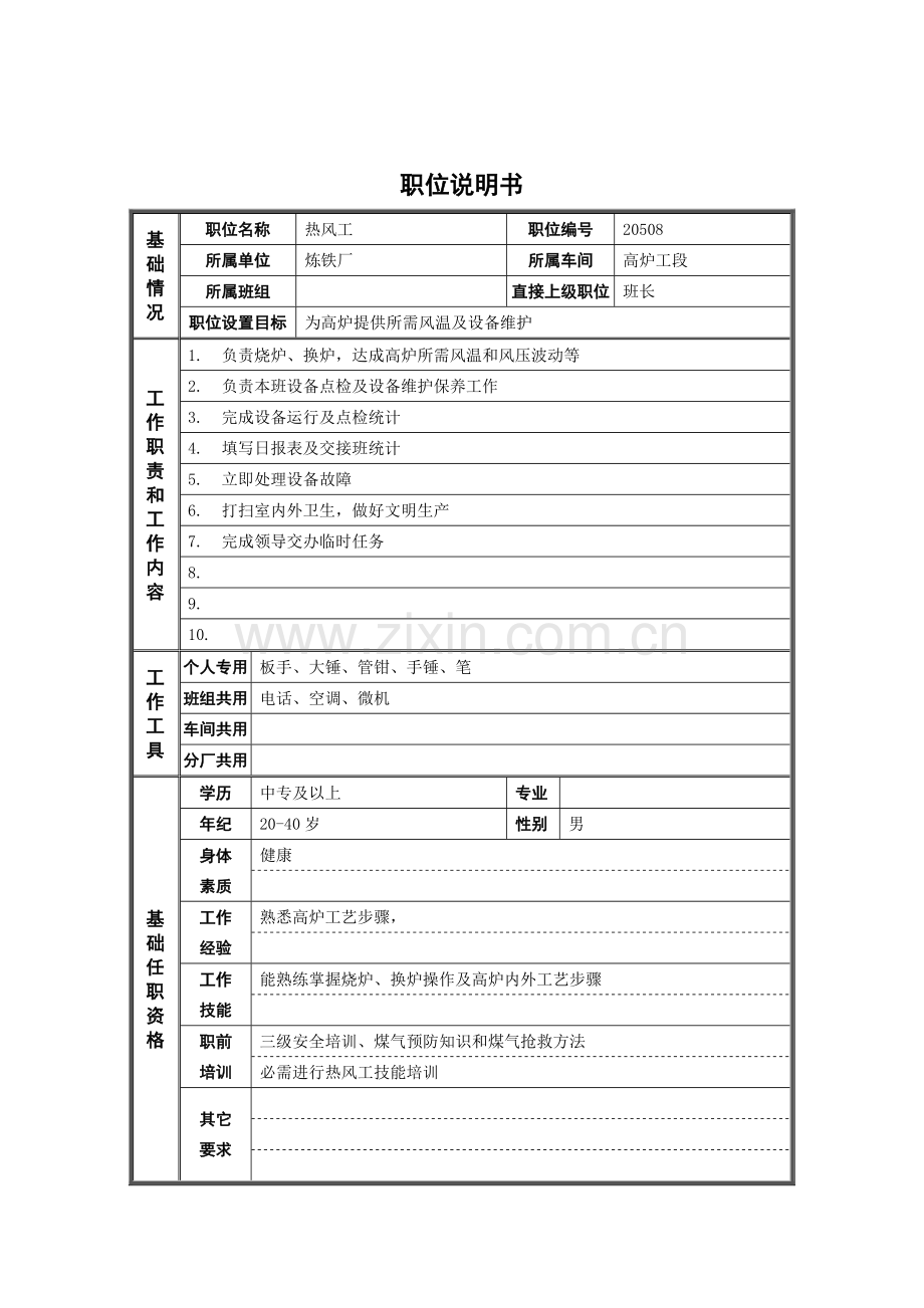 炼铁厂高炉工段热风工岗位职责样本.doc_第1页