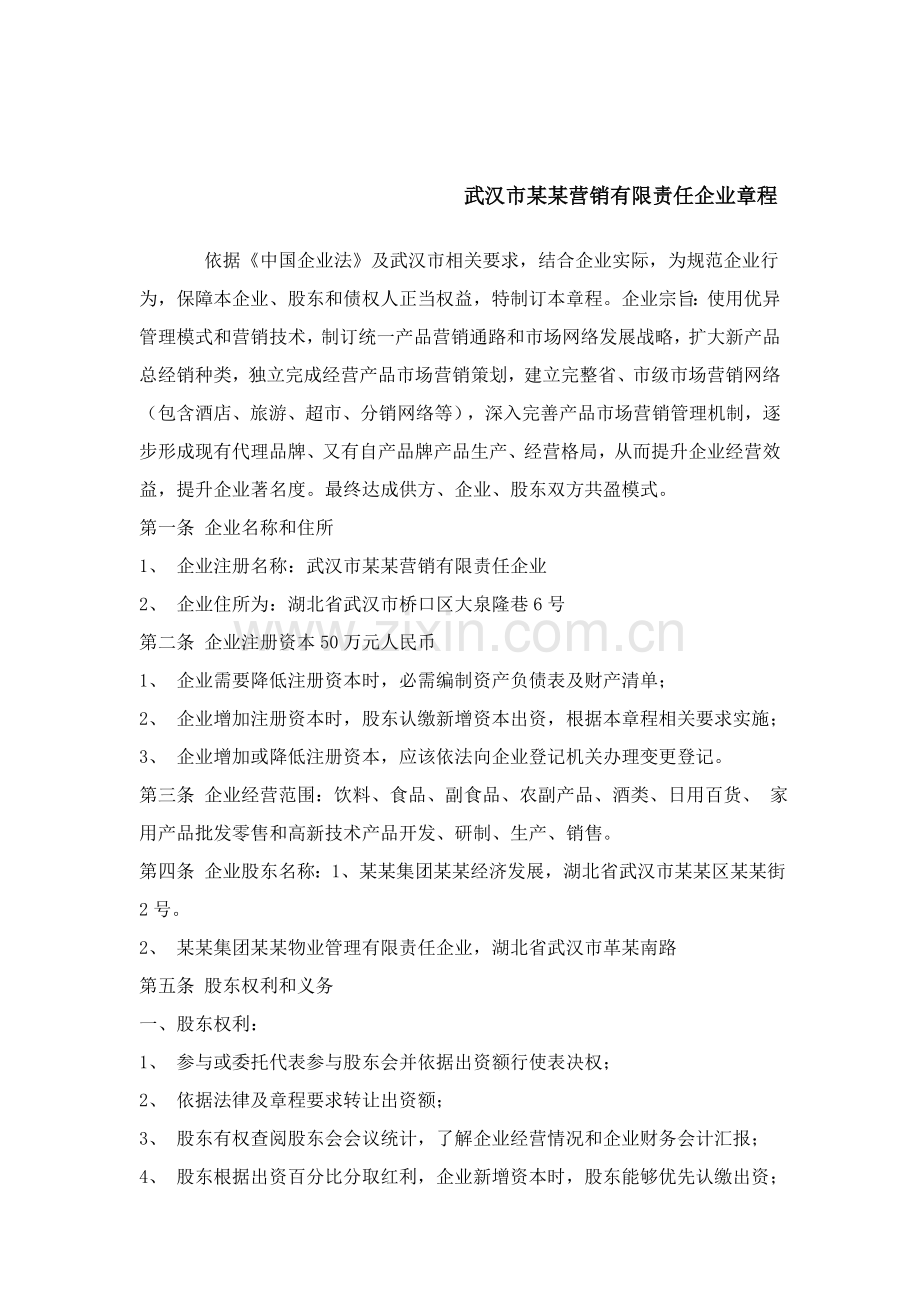 武汉市营销公司管理章程样本.doc_第1页