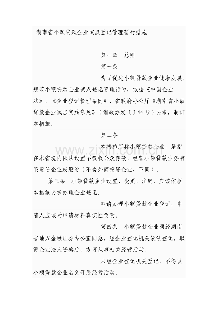 湖南省小额贷款公司试点登记管理暂行制度模板.doc_第1页